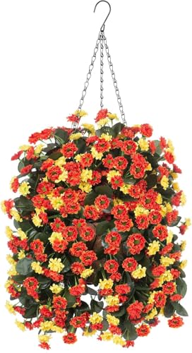 Ammyoo Artificial Flowers in Hanging Basket for Outdoors Spring Decor, Fake Mums Flowers Faux Plants with Hanging Baskets for Home Porch Garden Yard Patio Summer Decoration (Orange Yellow) - color: Orange Yellow