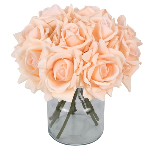 IPOPU 2 Bouquets Real Touch Roses Artificial Flowers 10PCS Champagne Flowers Fake Roses with Stems for Wedding Party Home Table Centerpieces Decoration(Champagne) - color: Champagne