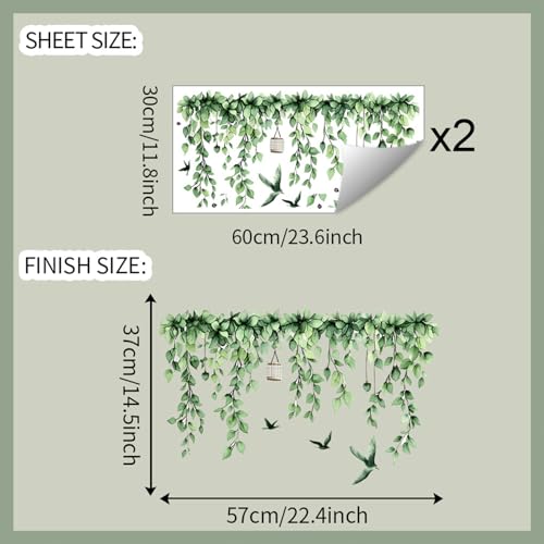 2 Sheets Green Plants Leaves Wall Decals Removable Green Hanging Vines with Birds Wall Stickers Peel and Stick Vinyl Leaf Wall Decor for Bedroom Living Room Bathroom Classroom Decorations - style: Green Plants Leaves 2