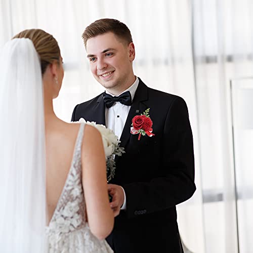 Wrist Corsage and Boutonniere Set for Bride Groom Bridesmaids Groomsmen Wedding Homecoming Flowers Prom Suit Accessories, Rose Boutonniere and Corsage Wristlet Flower - color: Red