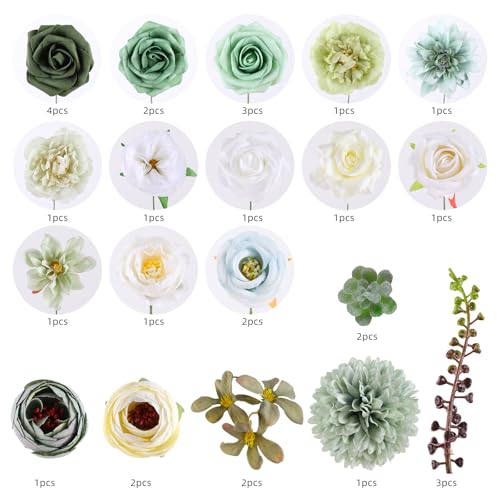 Kisflower Green Artificial Flowers Combo Cake Flowers Decorations Fake Hydrangea Dahlia Silk Roses Gift Box for DIY Wedding Bridal Bouquet Centerpieces Arrangements Party Holiday Decor (Forest Green) - color: Forest Green