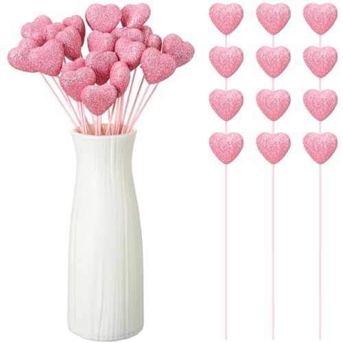 ZCYSRLQIN 12 Pcs Valentine's Day Glitter Foam Hearts Sticks Foam Heart Picks Sparkly Hearts Stems Puffy Heart Wooden Picks for Valentine Wedding Decorations Flower Arrangements Crafts (Pink) - color: Pink, size: 12 Pcs