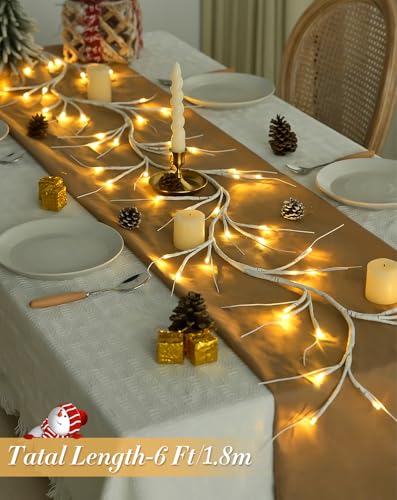 JMEXSUSS 6FT Birch Garland Lighted, 48 LED Lighted Birch Garland Battery Operated, Christmas Garland Warm White Twig Lights for Mantle Fireplace Home Table Room Wall Christmas Decor - color: White Birch