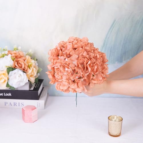 Artificial Hydrangea Flowers Terracotta Heads 10 Fake Hydrangea Silk Flowers for Wedding Centerpieces Bouquets DIY Floral Decor Home Decoration with Stems(VASE NOT Included) - color: 10pcs Terracotta, size: Large