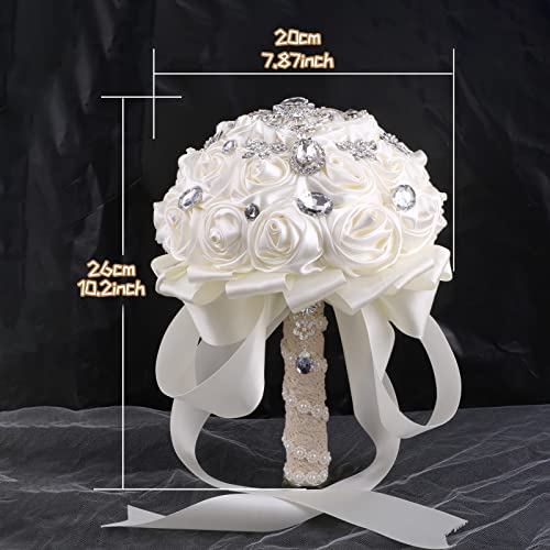 Handmade Brooch Wedding Flowers Bridal Bouquets Crystal Bride Holding Bouquet White Ivory Satin Roses with Diamond Pearl Ribbon (Luxury-White) - color: White