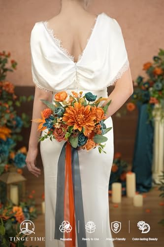 TINGE TIME Artificial 9 Inch Bridal Bouquet, Burnt Orange & Dark Teal Flower Bouquet with Roses for Bride, Bridal Tossing Bouquet for Fall Wedding Ceremony Bridal Showers Wedding Decoration - color: Burnt Orange & Dark Teal