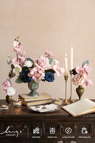 Ling's moment Fake Flowers Box, Faux Artificial Greenery Stems Foam Roses Silk Orchid Ranunculus Fabic Flower for Centerpieces Bouquet Wedding Vase Decorations, Dusty Rose & Navy, Deluxe Combo - color: Pk-dusty Rose & Navy, size: Deluxe