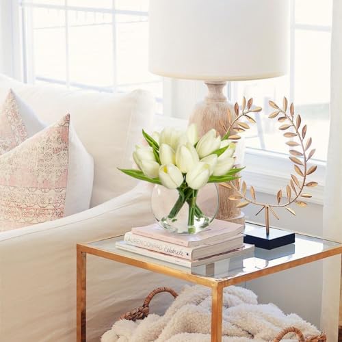 DILATATA Artificial White Tulips in Vase with Faux Water 6" Real Touch Flowers Fake Tulips Small Flowers Arrangement in Round Glass Vase for Mother's Day Table Centerpiece Wedding Home Decor - color: Round Vase/White/1 Set