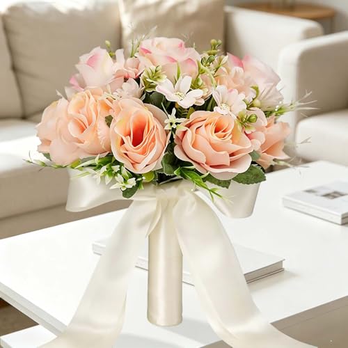 CYANLUX Wedding Bouquets for Bride Bridesmaid Bouquet Champagne White Artificial Roses Flowers for Wedding Valentine's Day Church Home Decoration (Champagne)… - color: Champagne