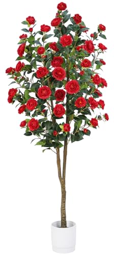 Artificial Camellia Tree 6FT – Faux Plants Indoor, with Easy Assembly, Low Maintenance, Ideal for Both Indoor Decoration and Other Purposes，Perfect Porch Christmas Trees (Red 6ft) - color: Red 6ft