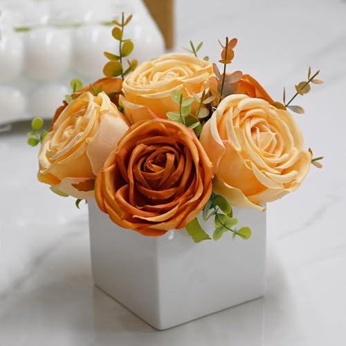 Fall Artificial Orange Silk Fake Rose with Ceramic Vase Autumn Table Decor | White Ceramic Vase Floral Arrangement, Autumn Decor for Office Kitchen Shelf Bathroom Shelf FarmhouseThanksgiving Halloween - color: Orange