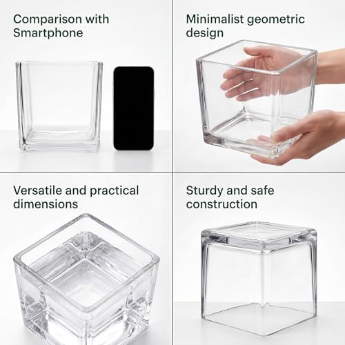 4 Pack Square Glass Vase 6" x 6" x 6", Clear Flower Vase for Centerpieces,Plant Terrarium, Floating Candle Holder for Wedding Centerpieces, Office Decorations, Home Décor, Parties and Events - size: 6"-4Pack
