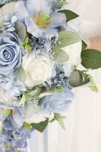 12 Inch Cascade Wedding Bouquets for Bride, Dusty Blue & White Cascading Bridal Bouquet for Wedding Silk Artificial Flowers - color: Dusty Blue & White