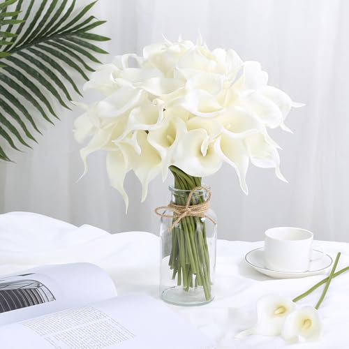 24 Pcs White Artificial Calla Lily Flower White Fake Silk Flowers Real Touch for Wedding Bouquet Office Home Kitchen Decor - color: Pure-white