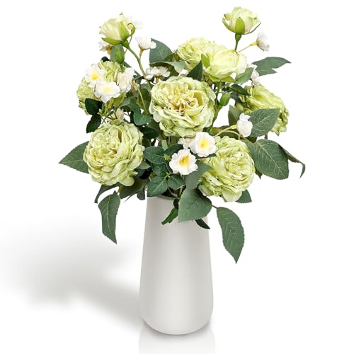 Fake Flowers in Vase, 16 Inch Silk Flower Arrangements with Ceramic Vase Artificial Rose Peony for Home Office Kitchen Bathroom Indoor Decor - Sage Green - color: Sage Green