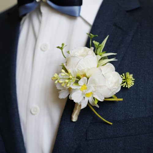 Wedding Rose Boutonniere Groom Flower Buttonholes Prom Suit Decoration for Men (White) - color: White