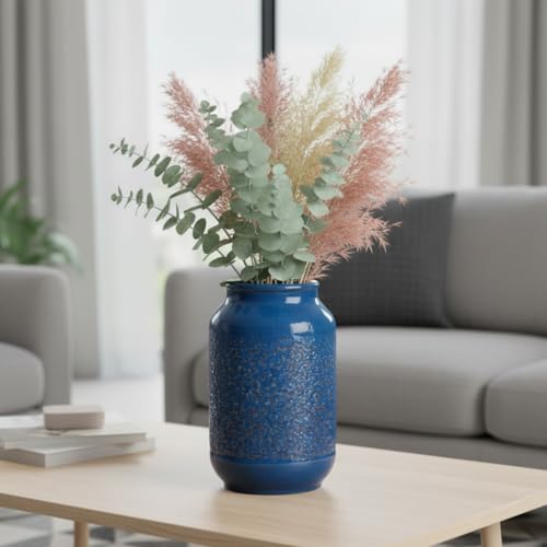 Blue Ceramic Vase for Home Decor, 9 Inch Modern Farmhouse Vase, Decorative Vases for Pampas Grass, Fireplace, Living Room, Bathroom, Tabletop, Kitchen, Office, Farmhouse Decor - color: Rustic Blue
