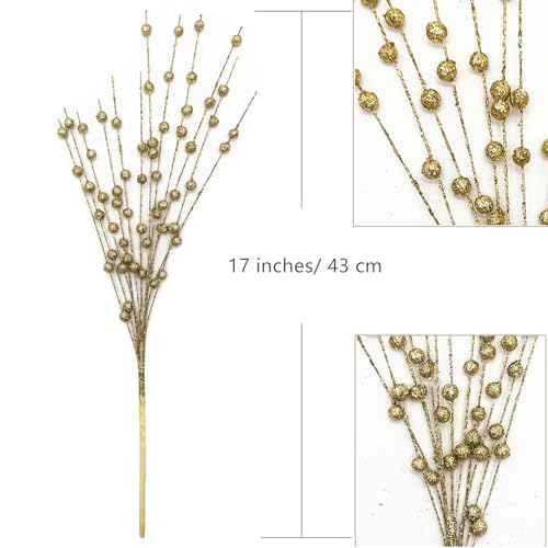 Artificial Glitter Berry Stem Ornaments, Gold Bright Berries Decorative Bead Sticks, Picks Branches Glittery Twigs for Home Christmas Tree Vase Holiday Wedding Party Decor - 17 Inch Golden 10 Pack - color: Glitter Berries Stems Sticks - Golden 10 Pcs