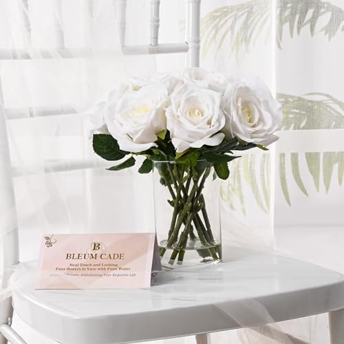 BLEUM CADE Luxury PU Fake Flowers in Vase with Faux Water, White Real Touch Roses Artificial Flowers with Glass Vase for Office Home Dining Room Centerpiece Table Decorations - color: Rose-white
