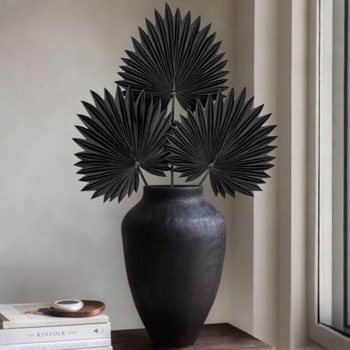 DILATATA 3PCS Large Black PU Foam Artificial Palm Leaves – Faux Tropical Palm Fronds for DIY Wedding Bouquets, Centerpieces, Bridal Shower, Party & Home Decor Arrangements - color: Black-l