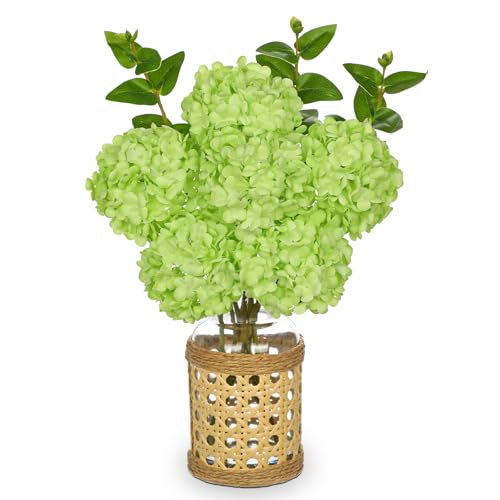 Hollyone Green Hydrangea Artificial Flowers in Woven Glass Vase with Faux Water Silk Hydrangeas Fake Flowers Floral Arrangement for Home Indoor Bathroom Kitchen Office Table Centerpiece Shelf Decor - color: Green-woven Vase