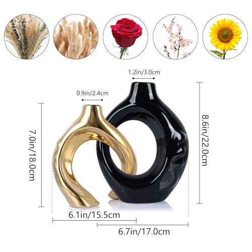 LCCCK Boho Black and Gold Ceramic Vases for Home Decor - Small Hollow Donut Vases for Living Room Table Wedding Centerpiece - color: Black and Gold