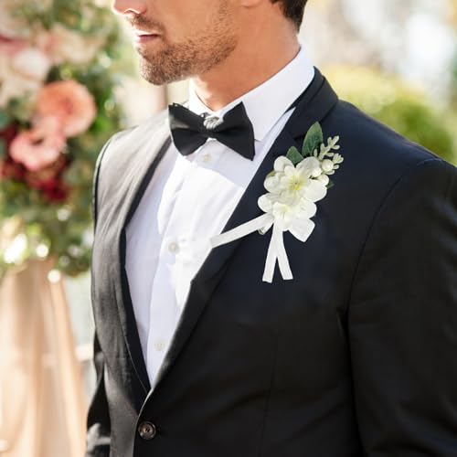 Corsage and Boutonniere Set for Bride Groom Bridesmaids Groomsmen Wedding Prom Homecoming Boutonniere and Corsage Wristlet (White) - color: White