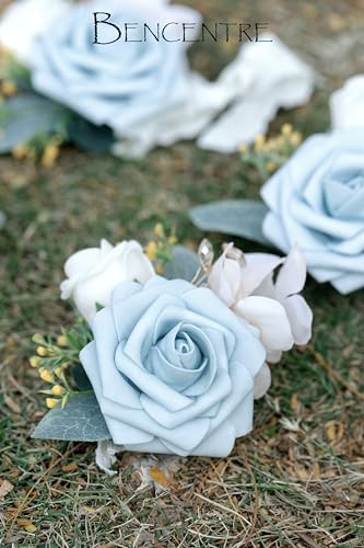 Dusty Blue Corsage for Wedding(Set of 6),Wrist Corsage,Corsage for Prom,Party Prom Hand Flower Decor,Mother of The Bride Corsage, - color: Dusty Blue-01