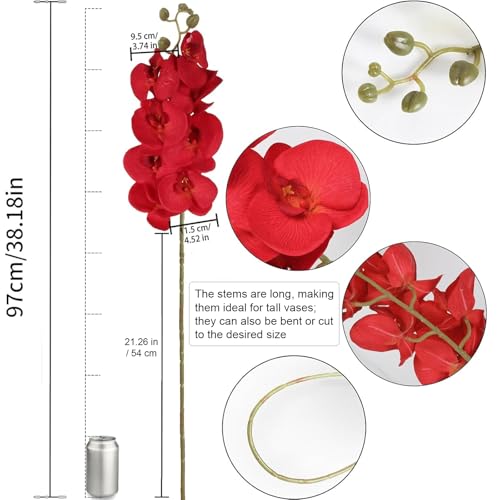38 Inch 6 PCS Red Orchids Artificial Flowers Fake Orchids Velvet Silk Orchids Faux Orchid Flowers Long Stem Artificial Flowers for Tall Vase for Home Wedding Decoration(Red) - color: Red