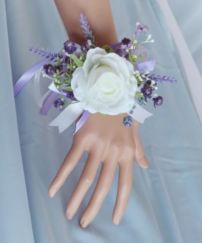 Ting & Cecilly Lavender Rose Wrist Corsage Wristlet Band Bracelet and Men Boutonniere Set for White Wedding Flower Accessories Prom Suit Decorations