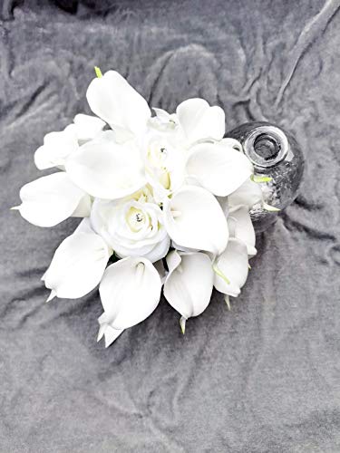 YIFUwedding Bridal Wedding Rose Calla Lily Bouquet Party Decoration Artificial Flowers Bridal Bouquet 9 inch Wedding Bouquet (White)