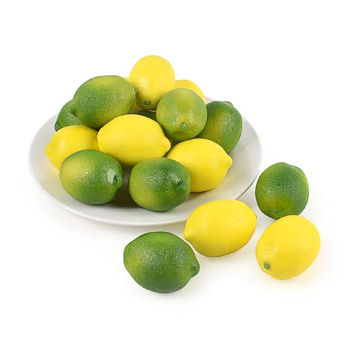Fake Lemons, 20 Pcs Green and Yellow Simulation Lemons Mixed Set Lifelike Fake Fruits for Home Kitchen Fruit Model Cabinet Decor Photography Props