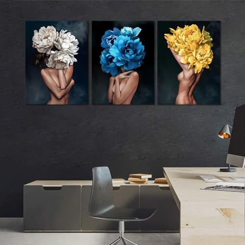 Sexy Wall Art for Bedroom Decor Sexy Women Pictures Wall Decor 3 Panels Girls with Flowers Head Canvas Prints Painting for Living Room Bedroom Home Decoration-20"Wx28"H x 3pcs - color: Art01, size: 20x28x3pcs