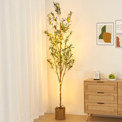 7ft Artificial Olive Tree with LED Fairy Lights & Woven Planter - Lifelike Faux Silk Plant with Realistic Leaves & Fruits and Natural Trunk for Indoor Home Office Living Room Bedroom Foyer Decor - size: 6ft 11in