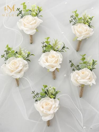 6Pcs Champagne Rose Boutonnieres for Men, Wedding, Dance Party | Groom and Best Man Boutonnieres for Ceremony Anniversary Formal Dinner Party, Fall Vintage Rustic Marriage Prom Decor - color: Champagne-c Bouotnniere 6pcs