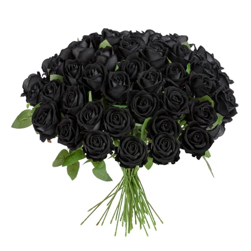 Artificial Flowers Roses Touch Fake Rose Bouquet Flower Stem for Wedding Centerpieces DIY Wreath Home Decorations Silk Roses Mothers Party Fake Outdoor Flowers Decor 19.6"(Black 50PCS) - color: Black 50pcs