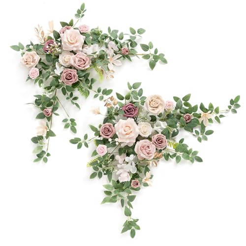 Ling's moment 2PCS Dusty Rose Artificial Floral Swags Wedding Arch Flowers Pink Rose Garland Greenery Centerpieces Arrangements for Sweetheart/Head Table Easel Wall Entryway Board Backdrop Decor - color: Pk-dusty Rose