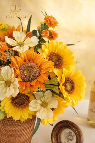 TINGE TIME 9 pcs Sunflowers Artificial Flowers, 6'' Silk Fake Sunflowers with Stems, Yellow and Orange Faux Sunflowers for DIY Outdoors Decor Home Decor Tables Centerpieces - color: 3pcs Orange + 6pcs Yellow