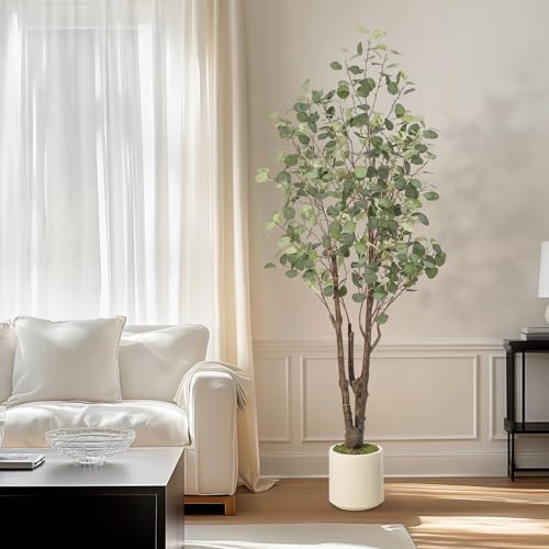 GarveeHome Artificial Eucalyptus Tree, 6 ft Tall Fake Artificial Plant with White Planter，Large Faux Floor Plant Fake Silk Trees Artificial Trees for Home Decor Indoor - size: 6ft
