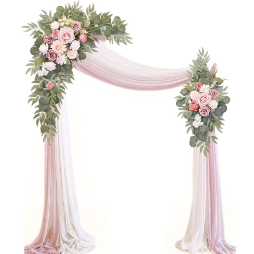 Muhanjia Artificial Wedding Arch Flowers Kit(Pack of 4),2Pcs Artificial Flower Arch Decor, 2Pcs Chiffon Fabric Drapes, Ceremony Decoration, Floral Outdoor Party Decor (Dusty Rose & Champagne) - color: Dusty Rose & Champagne