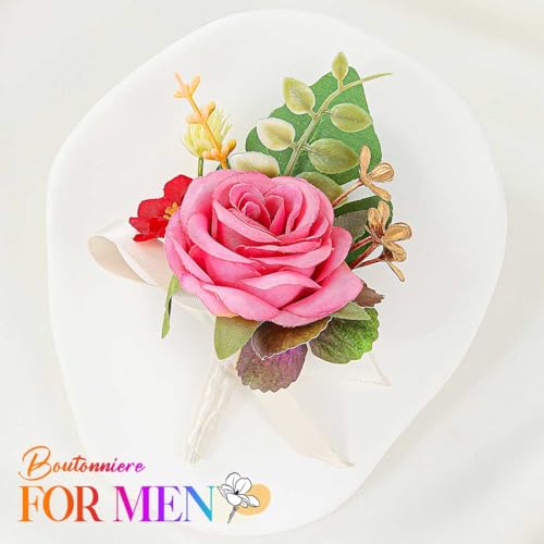 Bride Wedding Flower Boutonniere Red Rose Groom Buttonholes Prom Suit Decoration for Men and Groomsmans (Pink) - color: Pink
