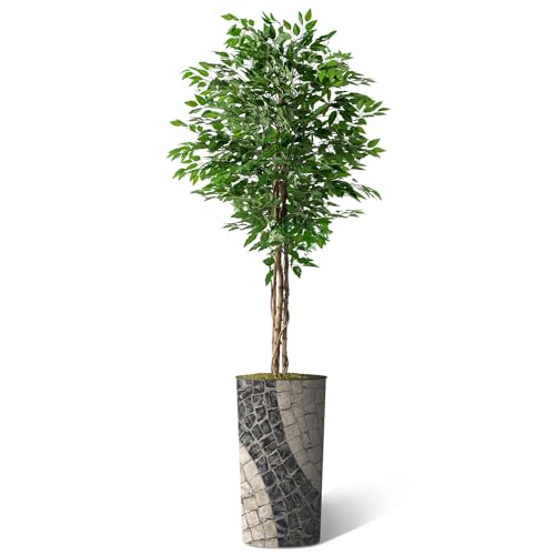 Artificial Tree in Geometric Pattern Planter, Fake Ficus Silk Tree for Indoor and Outdoor Home Decoration - 75" Overall Tall (Plant Pot Plus Tree) - style: Ficus Tree