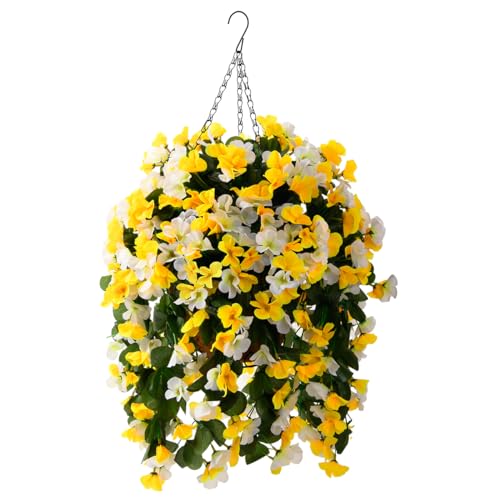 INQCMY Artificial Hanging Flowers Basket for Outdoor Outside Spring Decoration,Faux Silk Begonia in Planter Look Real UV Resistant for Porch Home Patio Garden Yard Decor - color: Yellow White