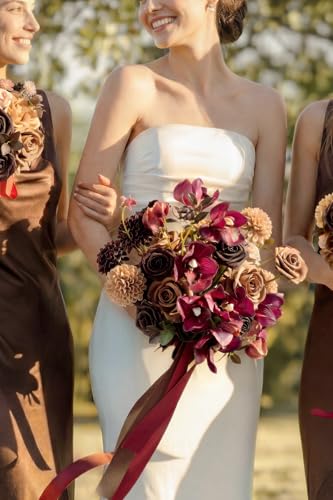 Ling's moment Plum and Earth Brown Wedding Bouquets for Bride, Brown Purple Bridal Bouquets for Bride, 13 Inch Free Form Artificial Wedding Flower Bouquet - color: Brn-plum & Earth Brown, size: Small 13 Inch