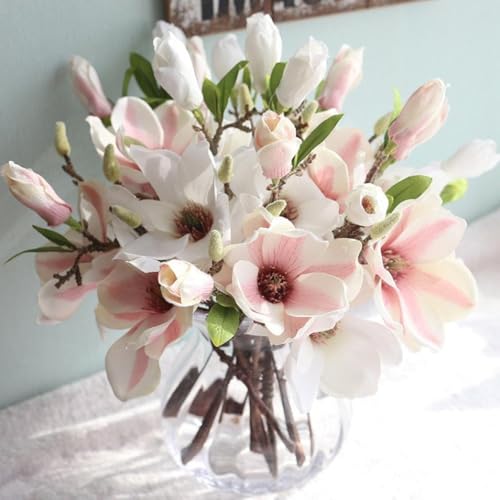 1Pc White Artificial Magnolia Fake Silk Flower Single Floral Home Decor Living Room Bedroom Garden Party Wedding Decoration in Pots Vase for Desk Table ，Artificial Flowers ，Home Décor