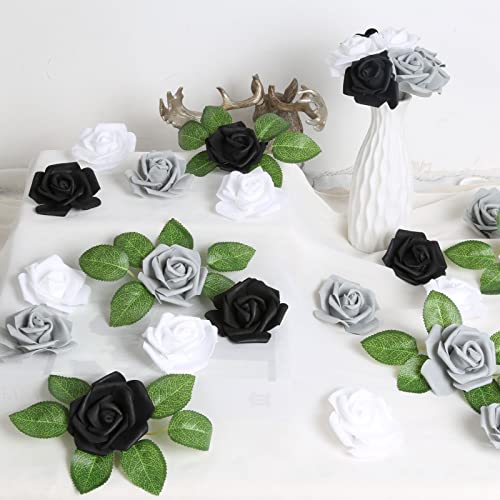 200pcs Black Foam Roses Artificial Flower Heads,3inch White Stemless Fake Rose Bulk Faux Flowers for DIY Crafts,Cake Decoration Wedding,Baby Shower Flower Centerpieces(Black,White,Gray) - color: 200pcs Black&white&gray