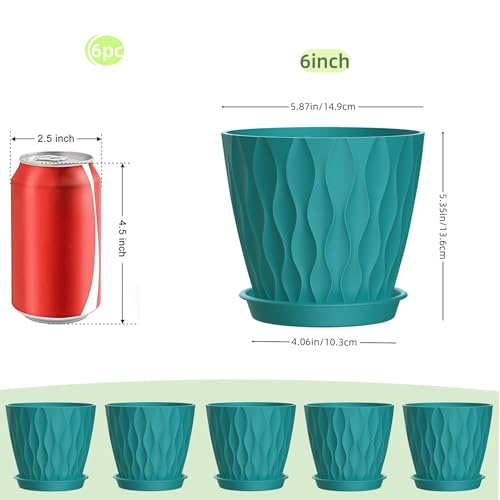 6 Inch Plant Pots, 6 Pack Indoor Flower Pots, Planters with Drainage Holes and Trays for Orchids, Violets, Succulents, Herbs, and Other Plants,Blue-Green - color: Blue-green, size: 6inch