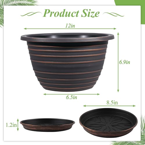 KPUVX 12 Inch Plastic Flower Pot for Indoor and Outdoor Plants, 3 Pack Large Planters with Drainage Holes & Saucers, Retro Antique Imitation Decorative Garden Pots - color: Red Brown
