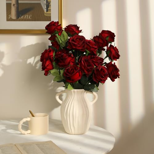 Nubry 24pcs Artificial Burgundy Roses, Fake Silk Roses Flower with Long Stems, Realistic Flowers for Bridal Wedding Party Table Centerpiece Home Decor - color: Burgundy