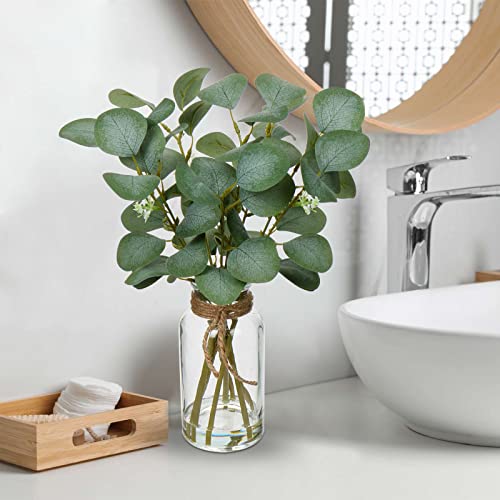 Briful Artificial Eucalyptus Stems in Glass Vase with Faux Water, 14" Fake Plant Eucalyptus Leaves for Home Farmhouse Wedding Centerpiece Bathroom Décor, 2 Packs - color: Clear Dual